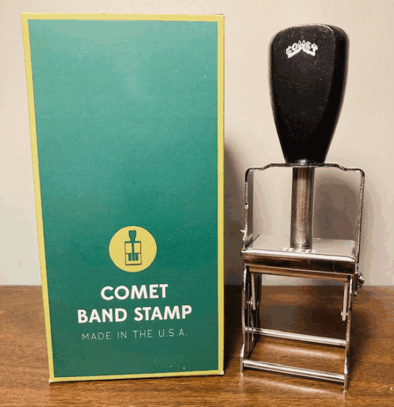 CPL 41 - Comet Industrial Self-Inking Stamp
Impression Size: 1-1/4" x 2-1/8"
Heavy duty metal stamp Great for industrial use.  Customize your design or get with grooves for RibType for no extra charge!