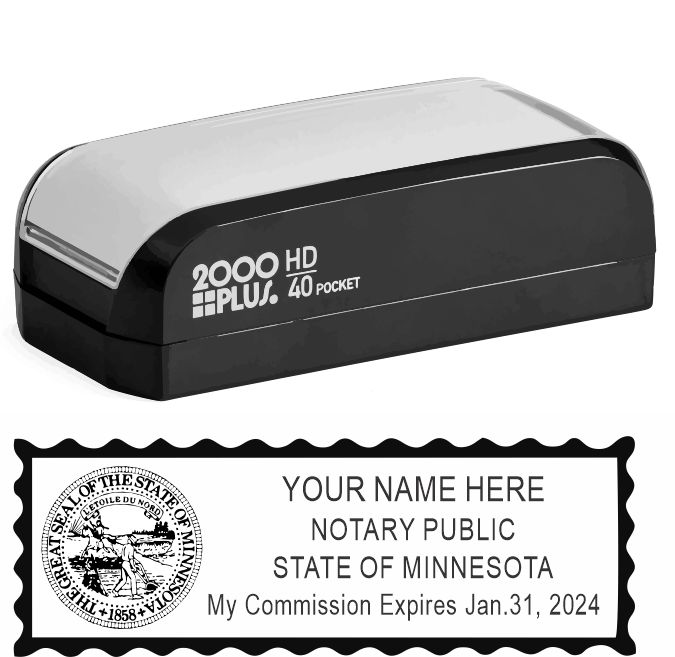 Minnesota notary stamp, complies with state requirements.  Great Product! Thousands of impressions.  Ships Fast. Great Quality! 2000 Plus HD 40 Pocket stamp. Pocket Notary Stamp